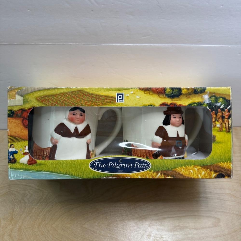 Publix The Pilgrim Pair Mugs Set of 2 Thanksgiving Harvest Ceramic 3D Relief New